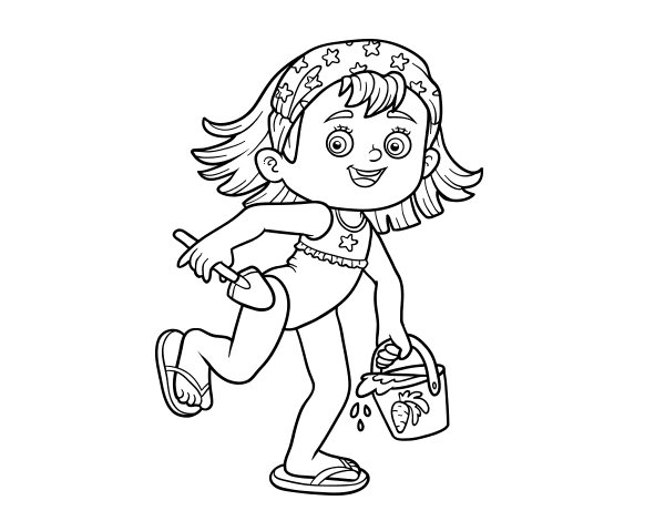 Little girl with beach bucket and spade coloring page - Coloringcrew.com