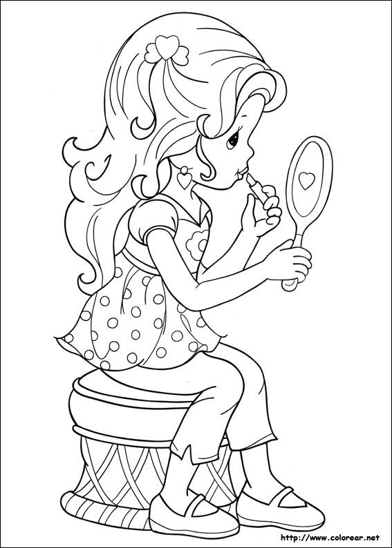 Precious Moments girl makeup lipstick mirror coloring page. (With ...