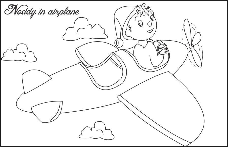 Noddy in airplane printable coloring page for kids
