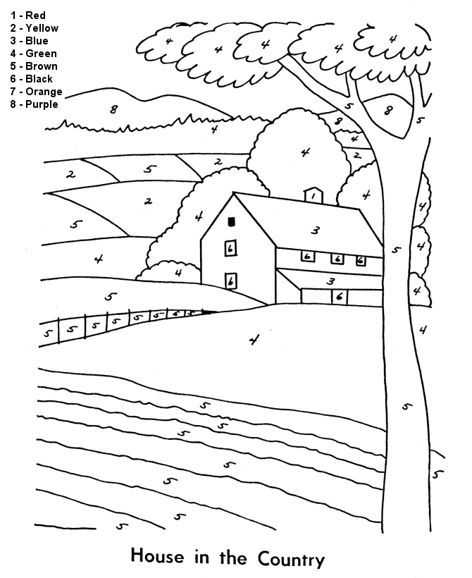 Easy House in the Country Color by Number Coloring Page