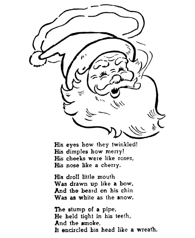 Night Before Christmas coloring pages | Christmas story coloring pages -  His eyes how they twinkled! His dimples how Merry! | HonkingDonkey