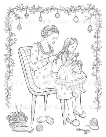 Combing Hair Mom and Daughter Coloring Printable Coloring | Etsy
