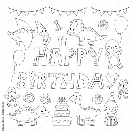 Kawaii cartoon dinosaurs. Happy birthday coloring page. Greeting card.  Black and white vector illustration. Stock Vector | Adobe Stock