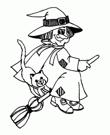 Halloween Witch Coloring Page - Witch with a cat riding a ...