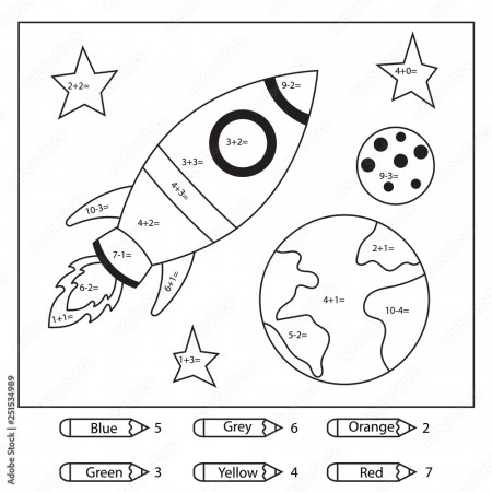 Educational coloring page for kids. Paint color by subtraction and addition  numbers. Cartoon rocket, earth and moon. Space theme. Vector illustration.  Stock Vector | Adobe Stock
