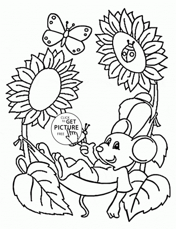 Cute Mouse and Spring coloring page for kids, seasons coloring ...