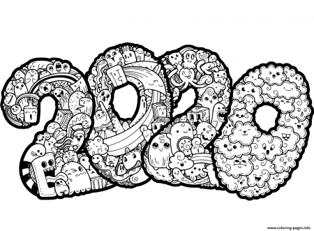 New Year 2020 Doodle Coloring Pages Printable