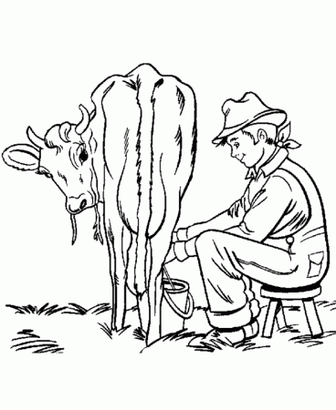 Farm Work and Chores Coloring Pages | Boy milking a cow Coloring 