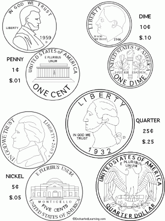 US Coins Coloring Page Printout - Enchanted Learning