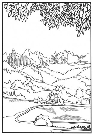 Coloring book . Lovely landscape,mountains and village in the valley.  Vector art line background. 13021314 Vector Art at Vecteezy