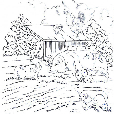 Pig with baby piggies on the farm - Country living coloring book printable  page | Desenhos