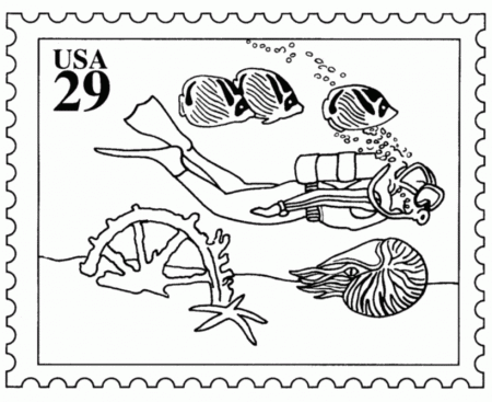BlueBonkers: USPS Sports Stamp Coloring Pages - Reef Scuba Diving 