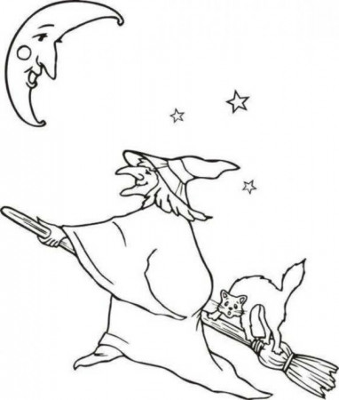 WITCH coloring pages - Witch and black cat under the moonlight