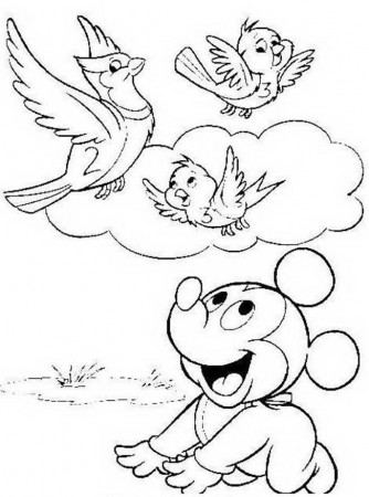 Print Baby Mickey And Birds Spring Disney Coloring Pages or 