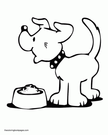 Happy dog with food bowl - Dog coloring book pages