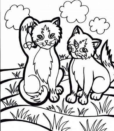 Two Cat Cute In The Garden Coloring Page - Kids Colouring Pages