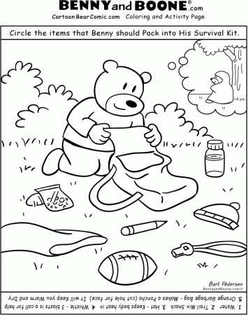 Pack a Survival Kit activity Page. Benny bear prepares for his 