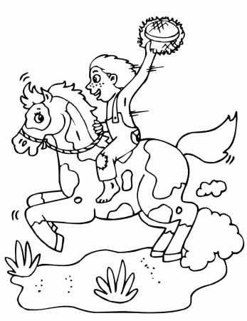 Horse Coloring Page | Boy in Overalls Riding Horse