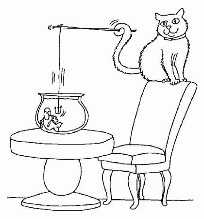 Cat Fishing in Aquarium Coloring Page | Kids Coloring Page