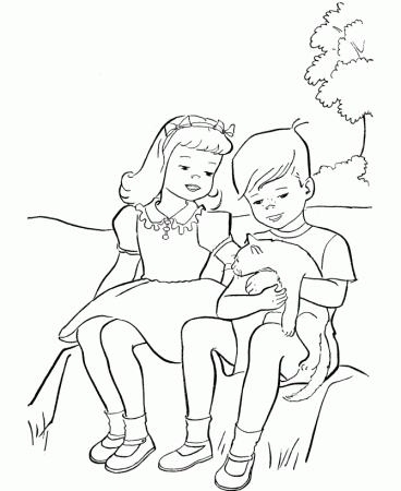 Little Couple With Cat Coloring Page | Kids Coloring Page