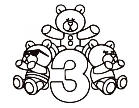 Printable Number Three (Teddy Bears) coloring page from FreshColoring.