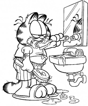 Garfield Brushing Teeth Coloring Page - Kids Colouring Pages