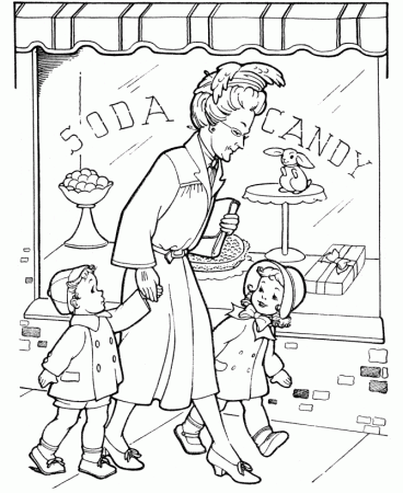 Grandparents Coloring Pages - Grandma takes us shopping Coloring 