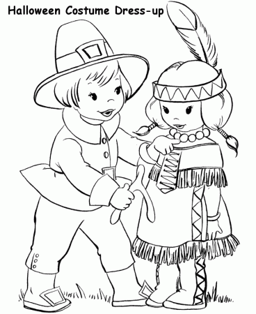 Halloween Costume Coloring Page - Pilgrim and Indian costume 
