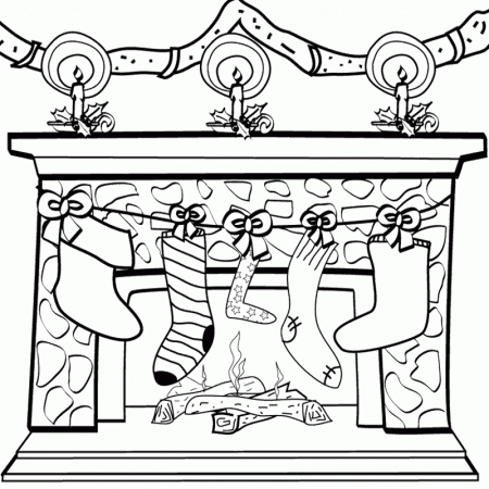 Fireplace Coloring Pages : Beautiful Fireplace With Decoration 