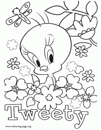 Tweety - Tweety surrounded by flowers and a butterfly coloring page
