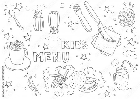 Black and white illustration for kids menu with burger, french fries,  lemon, cocoa, smoothies in doodle style. Page of a children's coloring book.  Blank A3 horizontal format Stock Vector | Adobe Stock