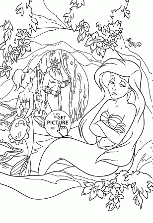 Mermaid Ariel sad coloring page for kids, disney princess coloring ...