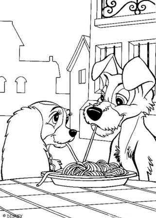 Lady and tramp eating spaghetti coloring pages - Hellokids.com
