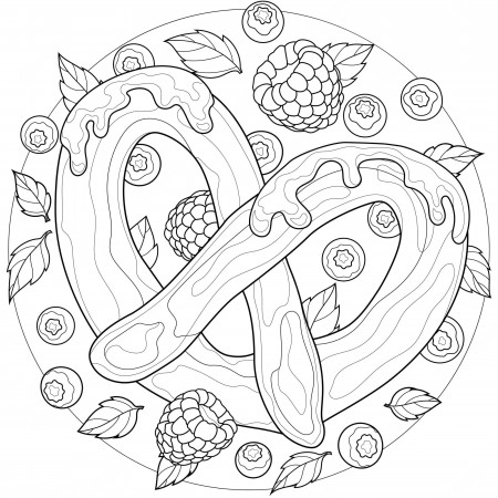 Premium Vector | Pretzel with raspberries, blueberries, mint and jam.tasty  sweets.coloring book antistress for children and adults. zen-tangle  style.black and white drawing