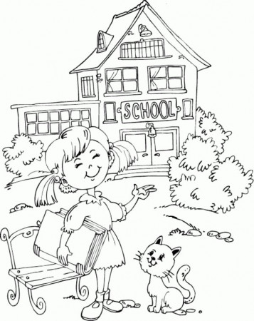 Girl outside school coloring page