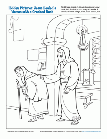 Jesus Healed a Woman with a Crooked Back Hidden Pictures Coloring Page