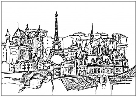 France paris eiffel tower and buildings - The keywords of our coloring pages  for adults - Just Color
