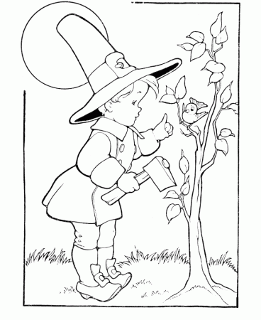 Thanksgiving Day Coloring Page Sheets - Pilgrim boy chopping tree 