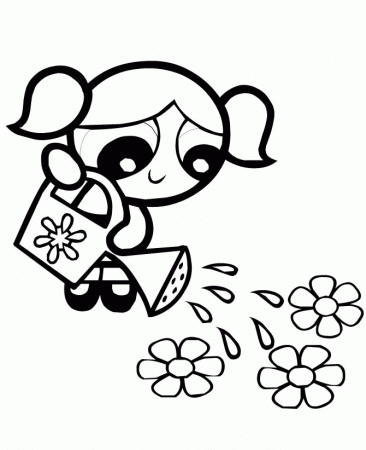 Powerpuff Girls Bubbles Watering Flowers Coloring Pages 