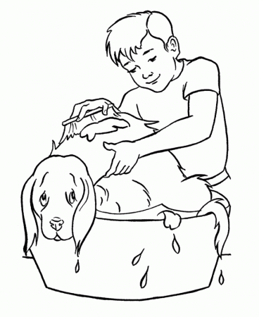 Giving the dog a bath . . . | Kids and Pets Coloring Pages