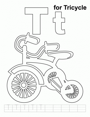 T for tricycle coloring page with handwriting practice | Download 