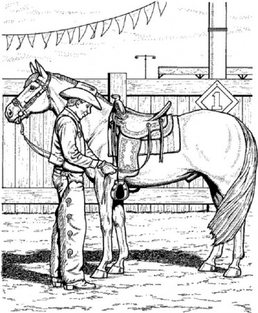 Horse Coloring Page of Cowboy Adjusting Saddle
