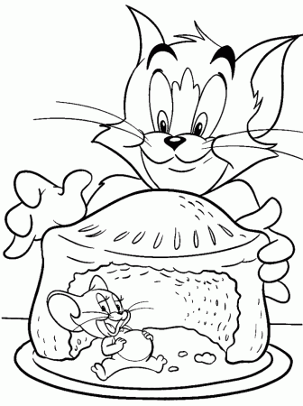 Tom and Jerry Having Cake Coloring Page - Cartoon Coloring Pages 