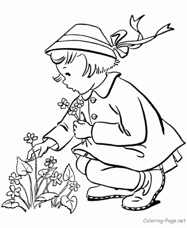 Spring Coloring Book Page - Picking flowers
