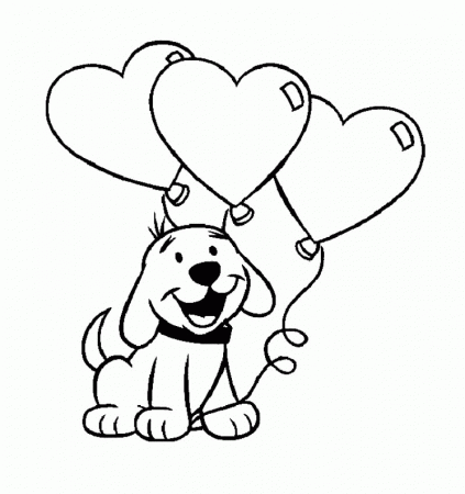 Cute Puppy With Heart Balloons Coloring Page - Kids Colouring Pages