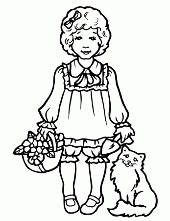 Cat and Girly Girl Coloring Page | Kids Coloring Page
