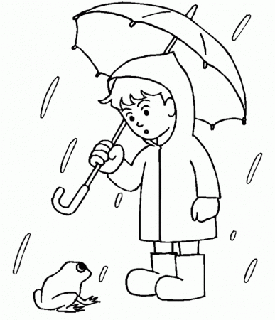 Boy With His Umbrella And Rain Jacket Under The Spring Rain 
