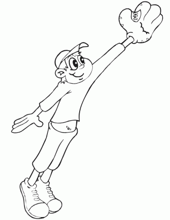 Printable Baseball Coloring Page | Boy Fielder Jumping for Catch
