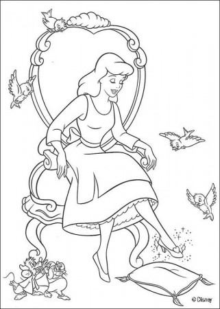 Cinderella coloring book pages - Cinderella trying her slipper