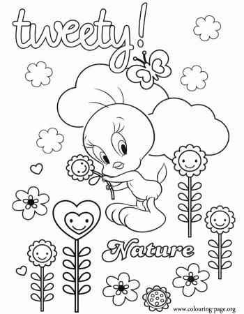 Tweety - Tweety taking care of the flowers and nature coloring page